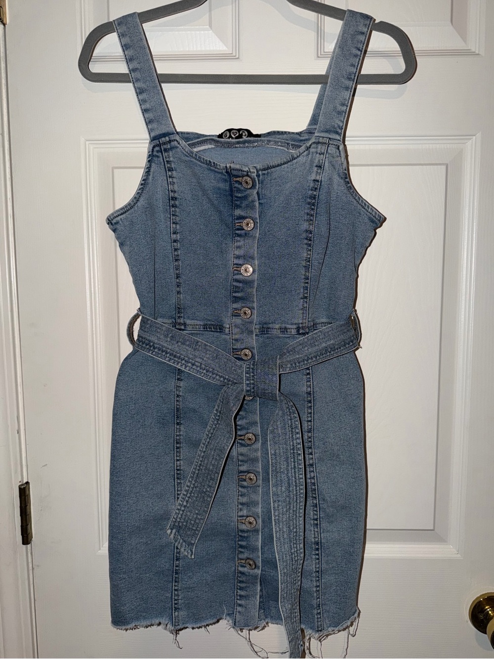 Rewash Blue Denim Button-Front Overall Dress with Tie Belt and Raw Hem